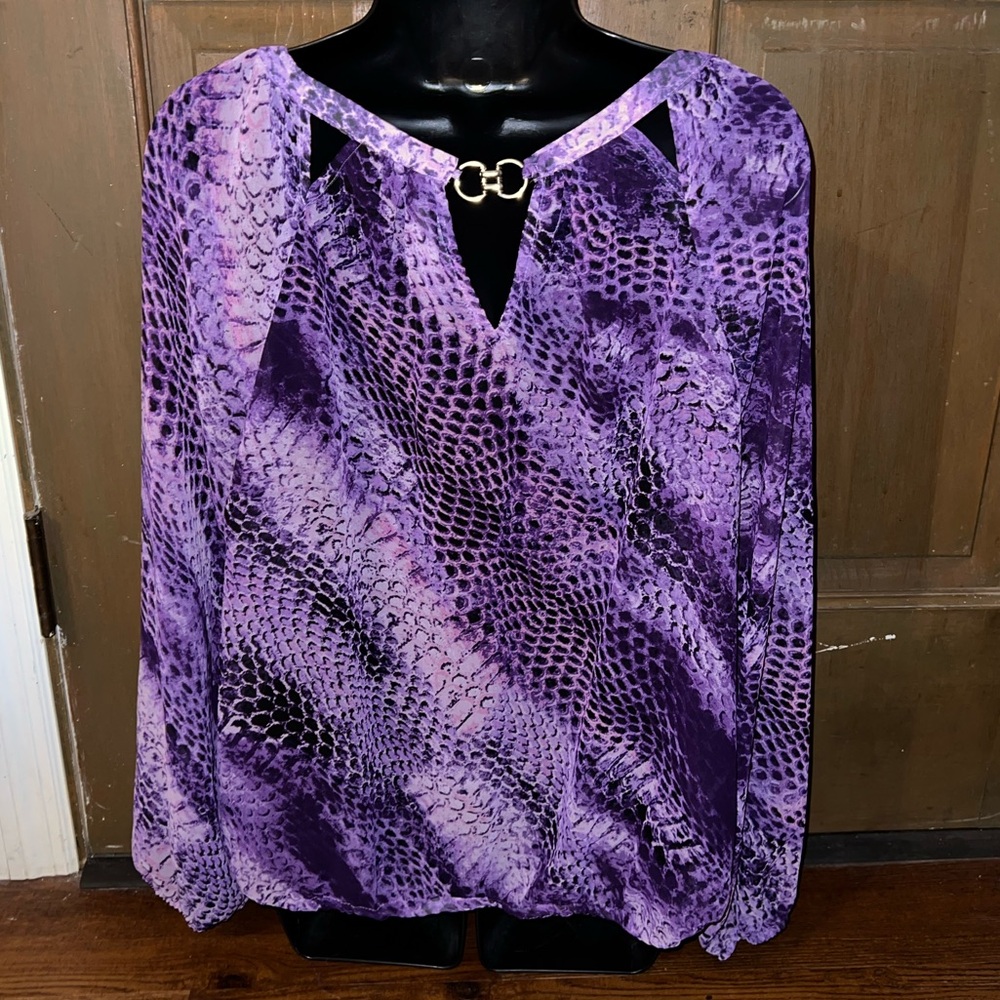 Jennifer Lopez Purple Snakeskin Print Cut Out Long Sleeve Y2K Blouse Size L - Picture 5 of 10